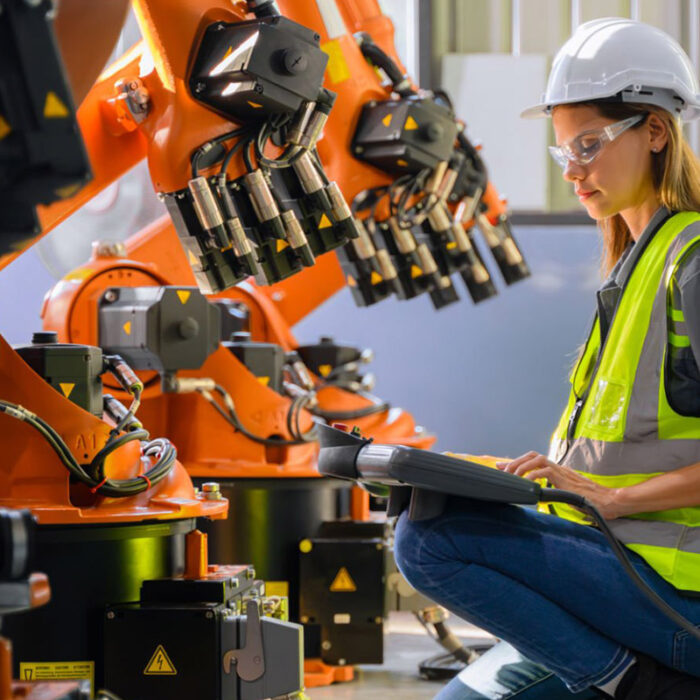 A woman in a hardhat inspecting robotic machinery